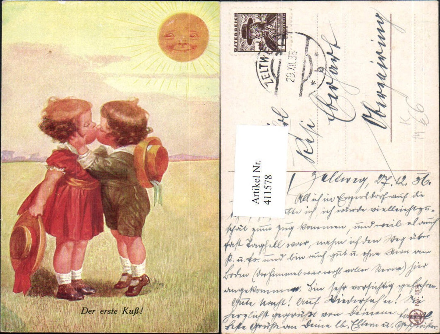 411578,Künstler Ak Der erste Kuss Kinder Sonne Sonnengesicht Liebe