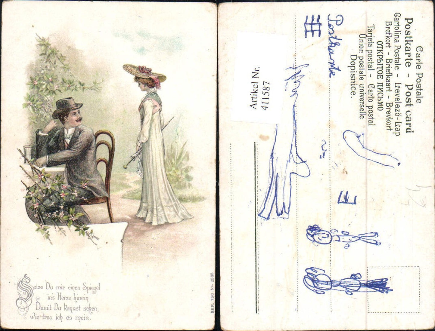 411587,Künstler Litho Paar Mann a. Stuhl sitzend Spruch Liebe Schirm Mode Hut