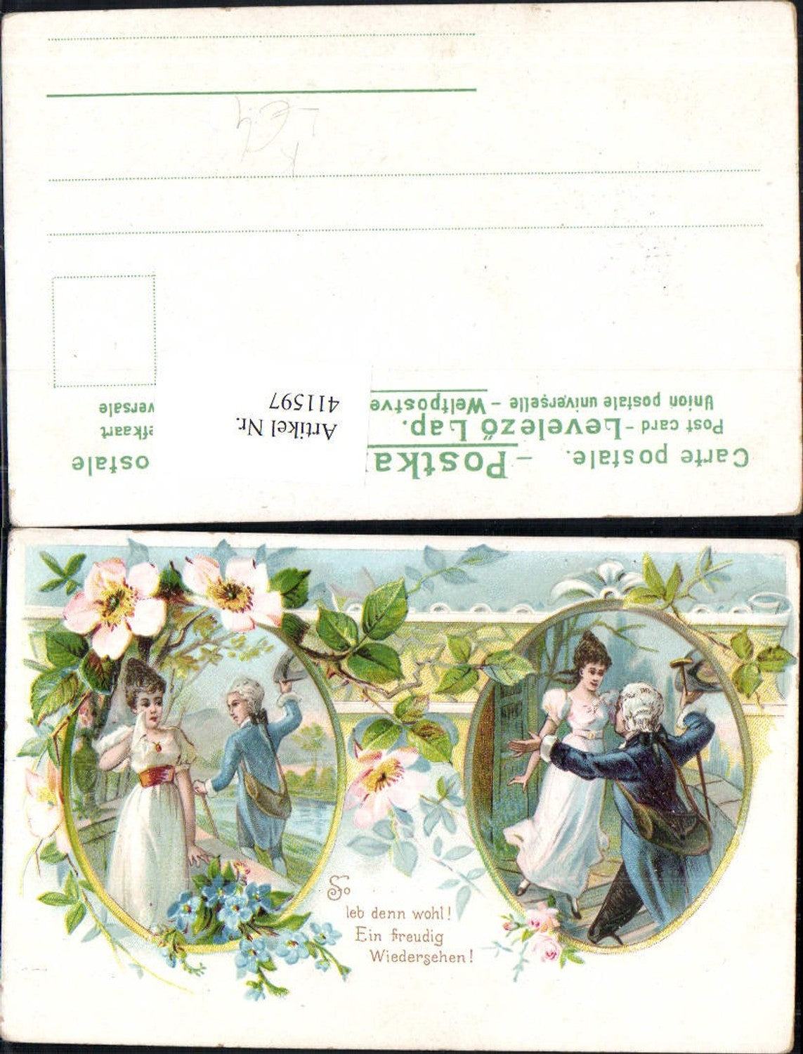 411597,Künstler Litho Paar Wiedersehen u. Abschied Liebe Spruch Blumen Rosen