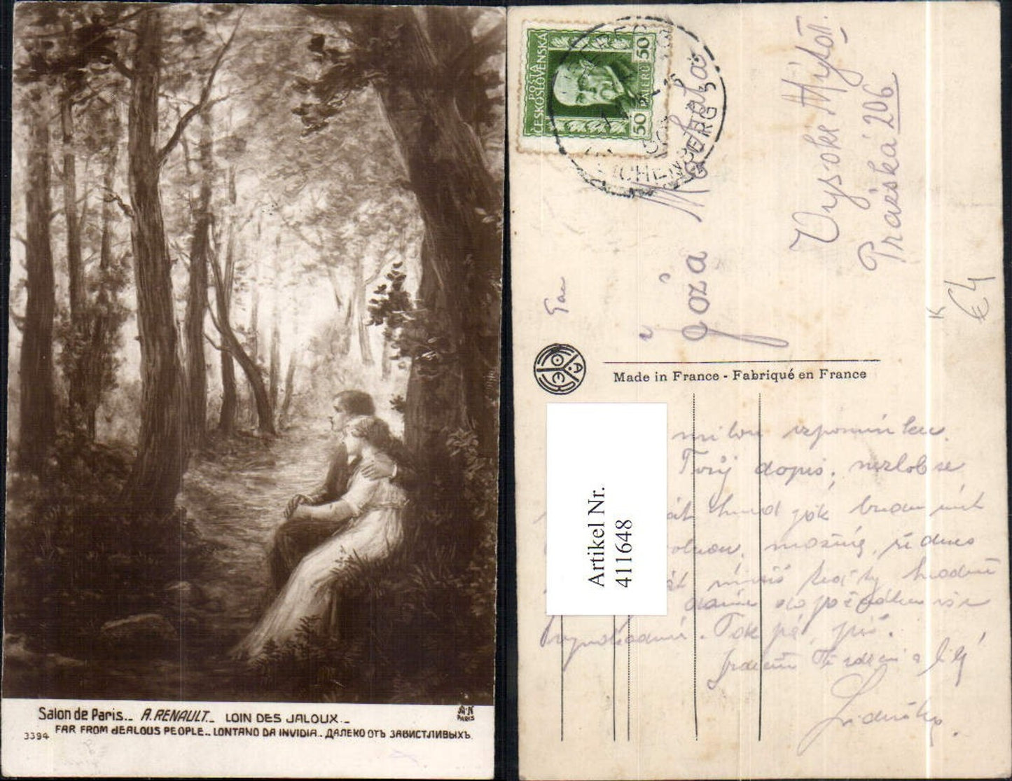411648,Künstler Ak A. Renault Loin des Jaloux Paar Umarmung unter Baum Wald Liebe