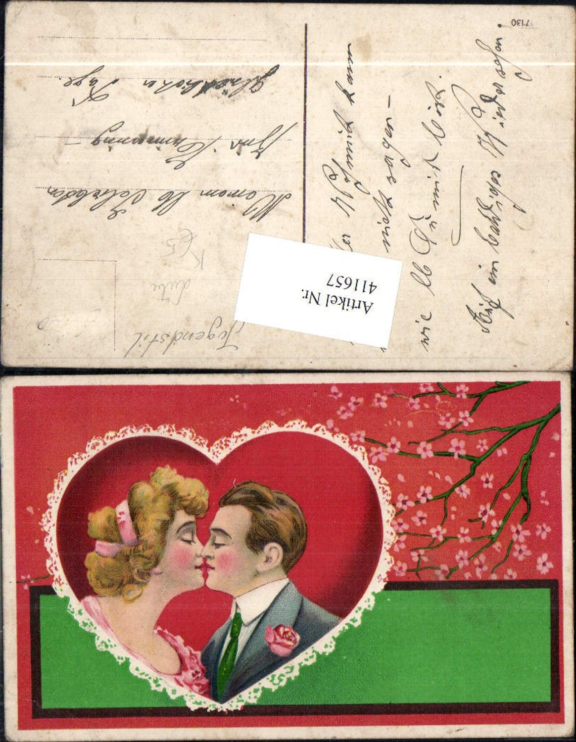 411657,Künstler Ak Jugendstil Köpfe Paar Kuss Liebe Herz Blütenzweig