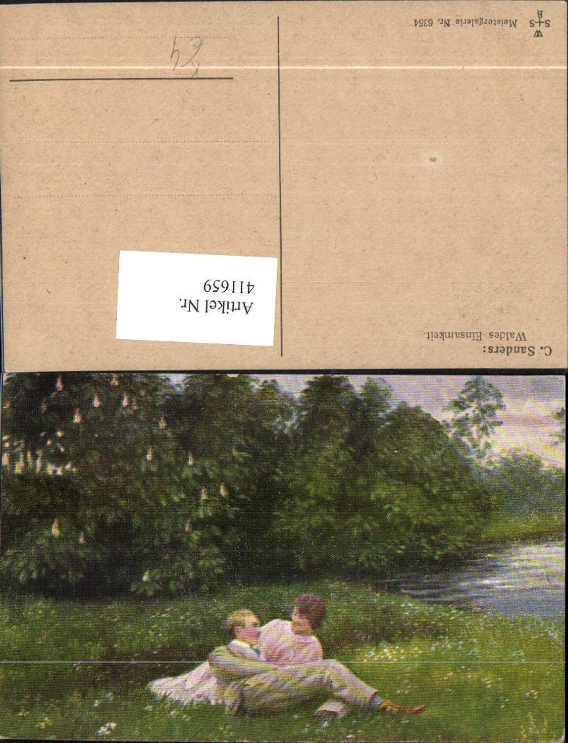 411659,Künstler Ak C. Sanders Waldes Einsamkeit Paar liegt a. Wiese Liebe