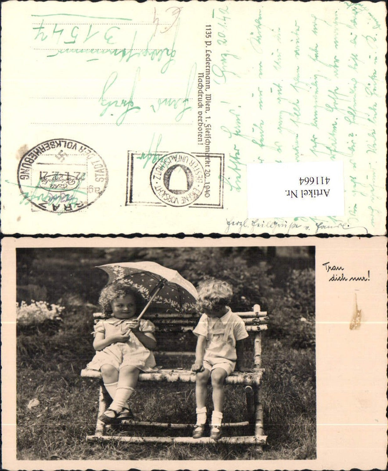 411664, Photo Ak Children Loving Gaze a. Birch Bench Bench Umbrella Love Just Dare