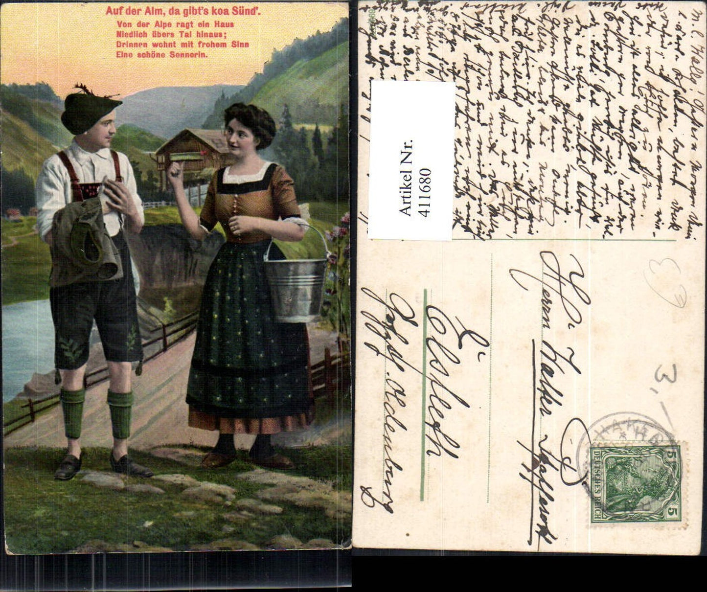 411680,Paar in Tracht Kübel Eimer Auf der Alm da gibt’s koa Sünd Liebe Text