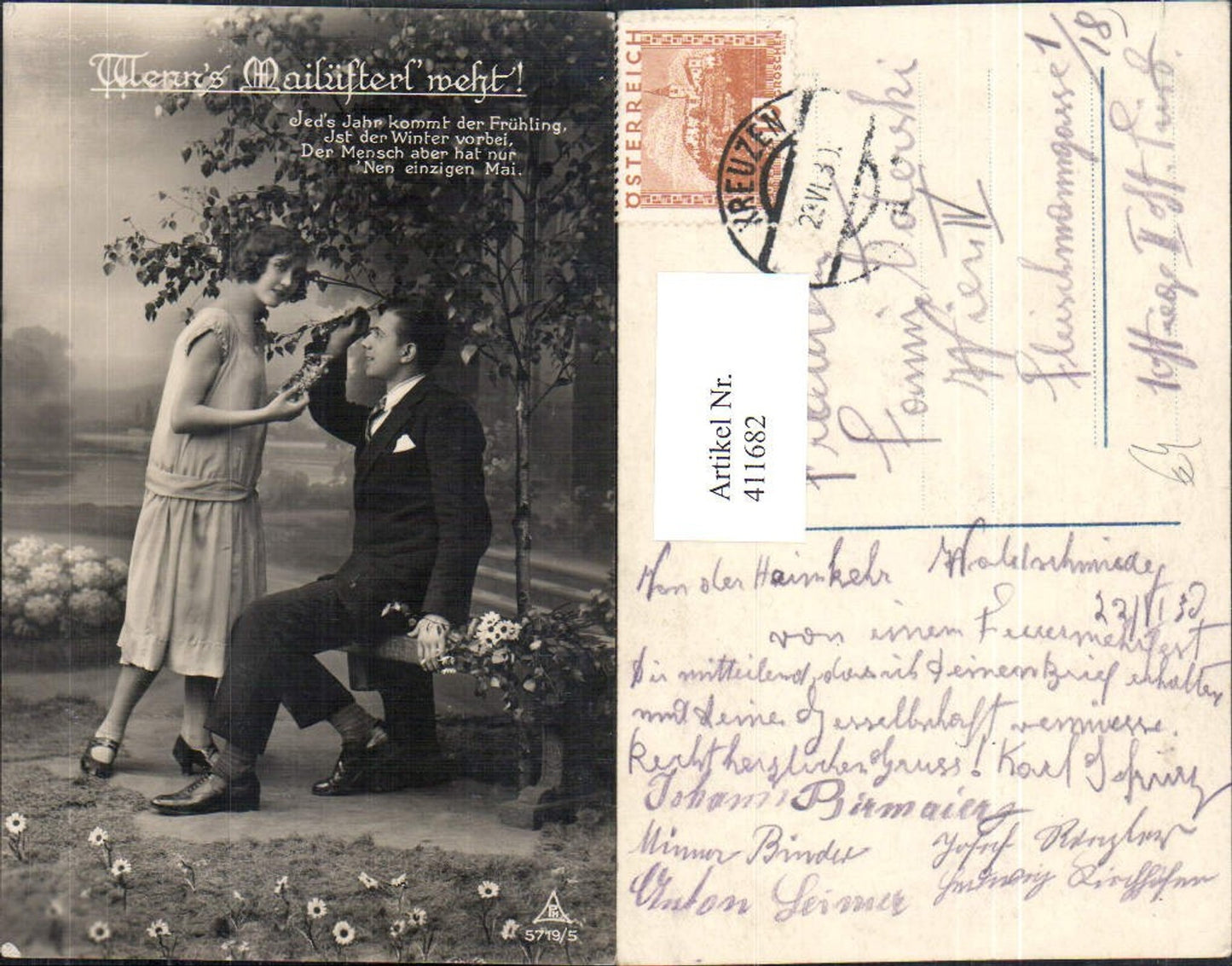 411682,Paar Verliebter Blick unter Baum Wenns Mailüfterl weht Liebe Text