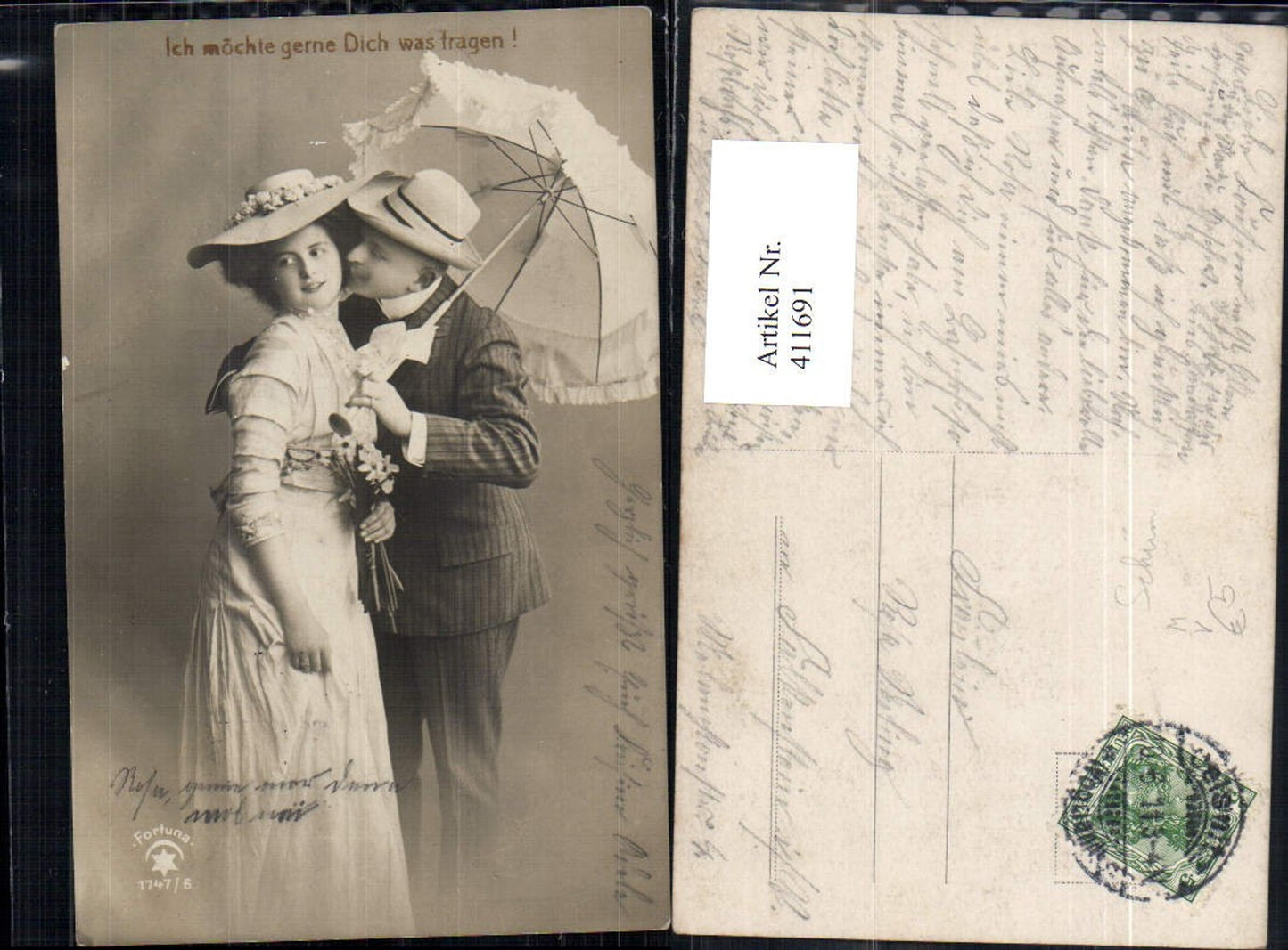 411691,Paar Liebe Wangenkuss Schirm Blumenstrauß pub Fortuna 1747/6