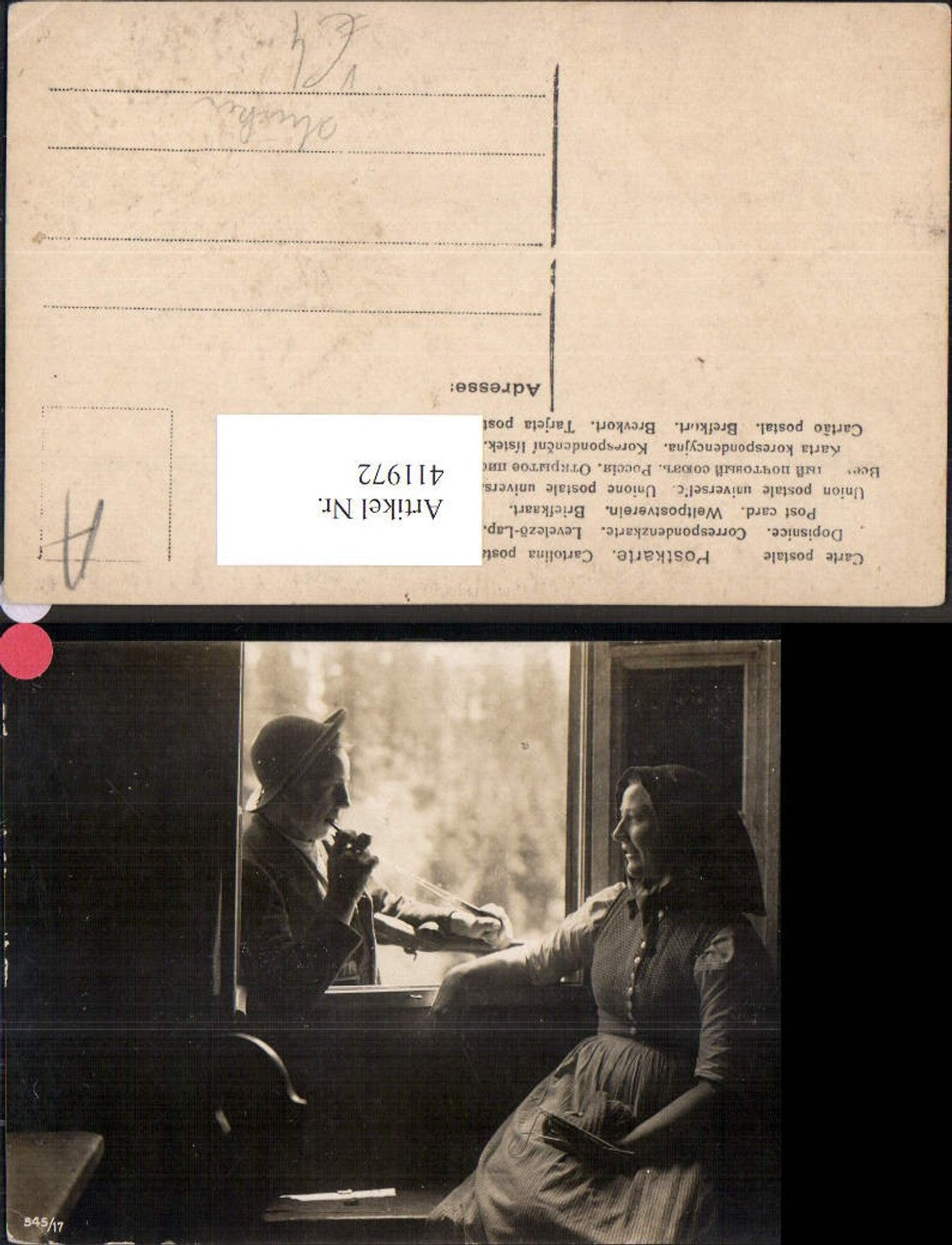 411972,Frau b. Stricken a. Fenster Mann Pfeife Rauchen Heimarbeit Hausarbeit pub NPG 545/17