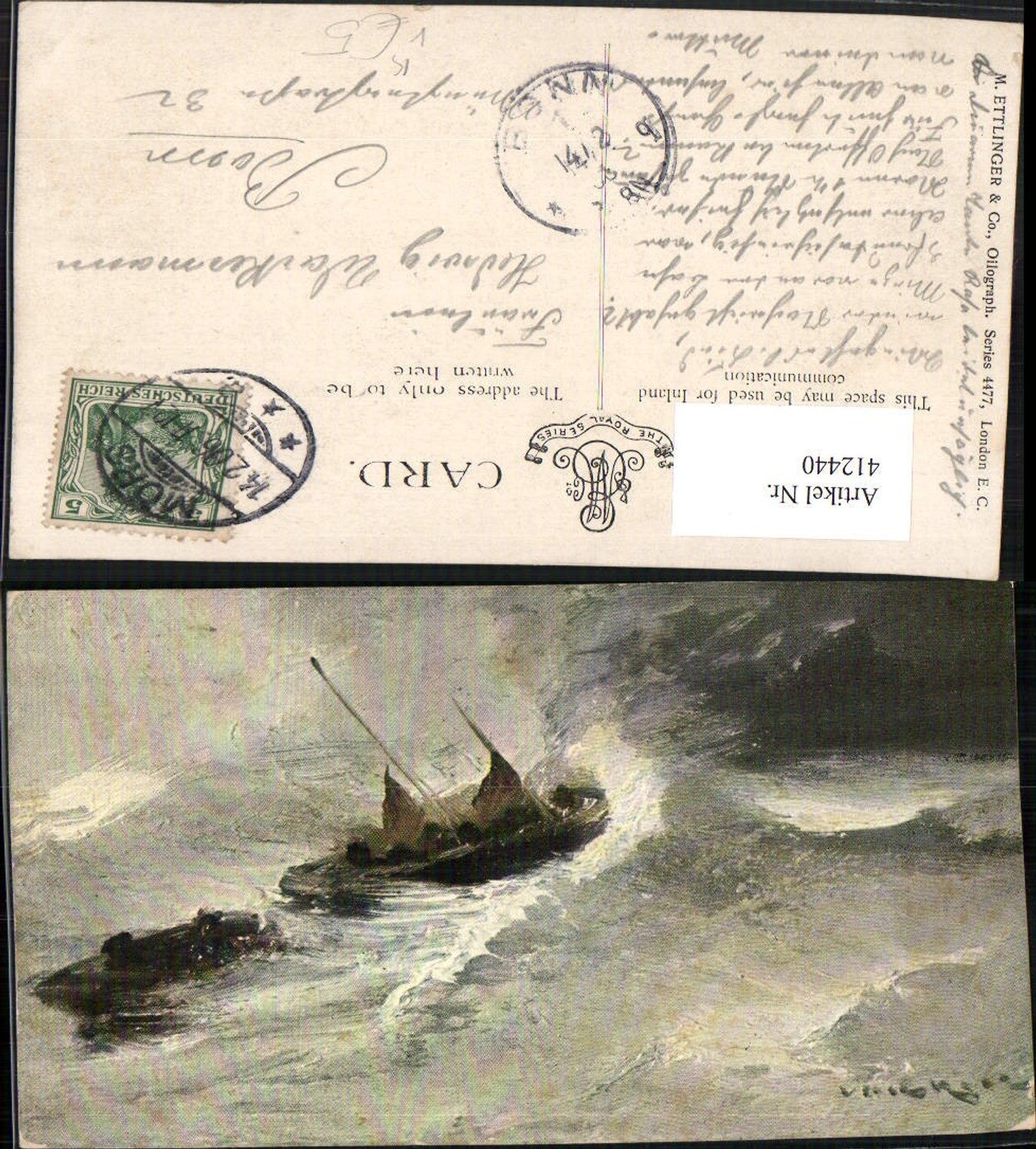 412440,Künstler AK Van Hill Meer Sturm Boote Wellen pub M. Ettlinger 4477