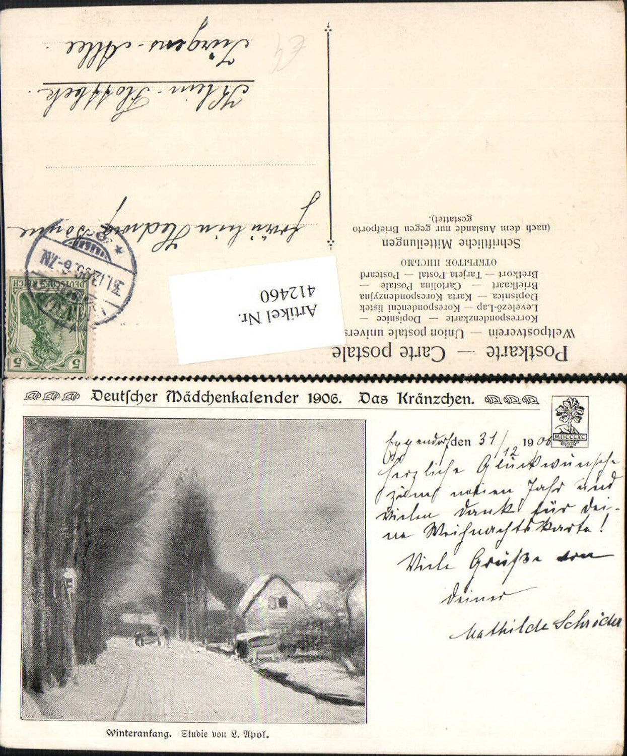 412460,Künstler AK L. Apol Winteranfang Straße Winterbild pub Deutscher Mädchenkalender 1906