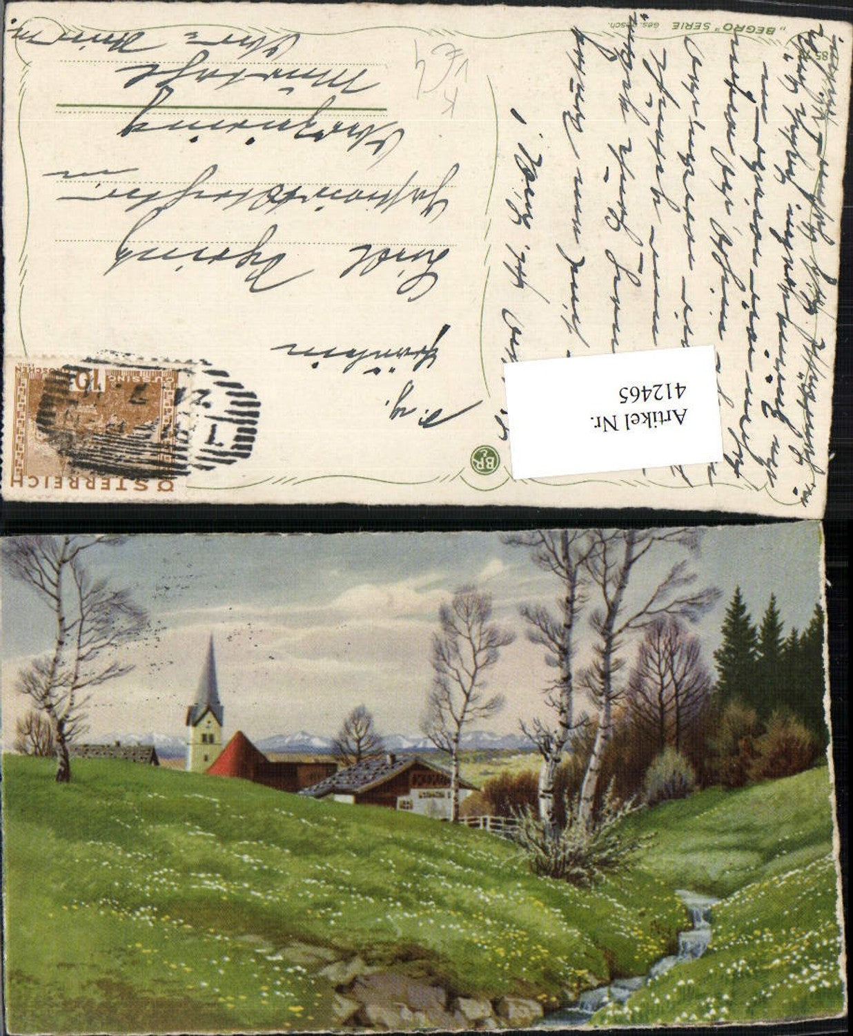 412465,Künstler AK Landschaft Dorf Kirche Bach Birken pub Begro 8573