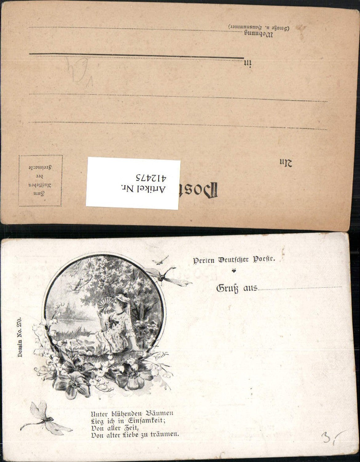 412475,Künstler AK Frau m. Kleid Schirm Passepartout Blumen Libellen pub Verein Deutscher Poesie