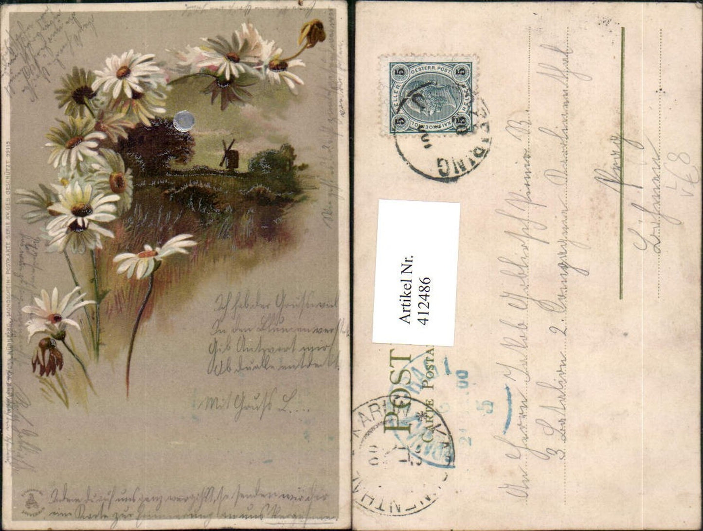 412486,Künstler Mond Litho Silberverzierung Landschaft Windmühle pub Winkler & Schorn 99115