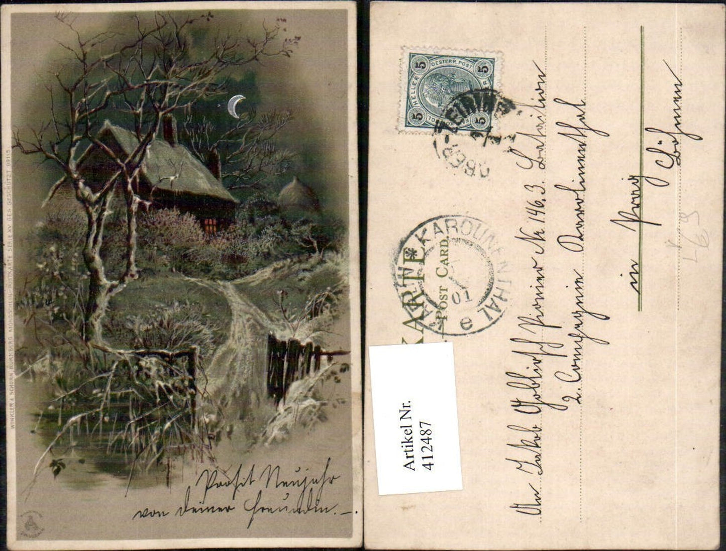 412487,Künstler Mond Litho Landschaft Haus pub Winkler & Schorn 99115
