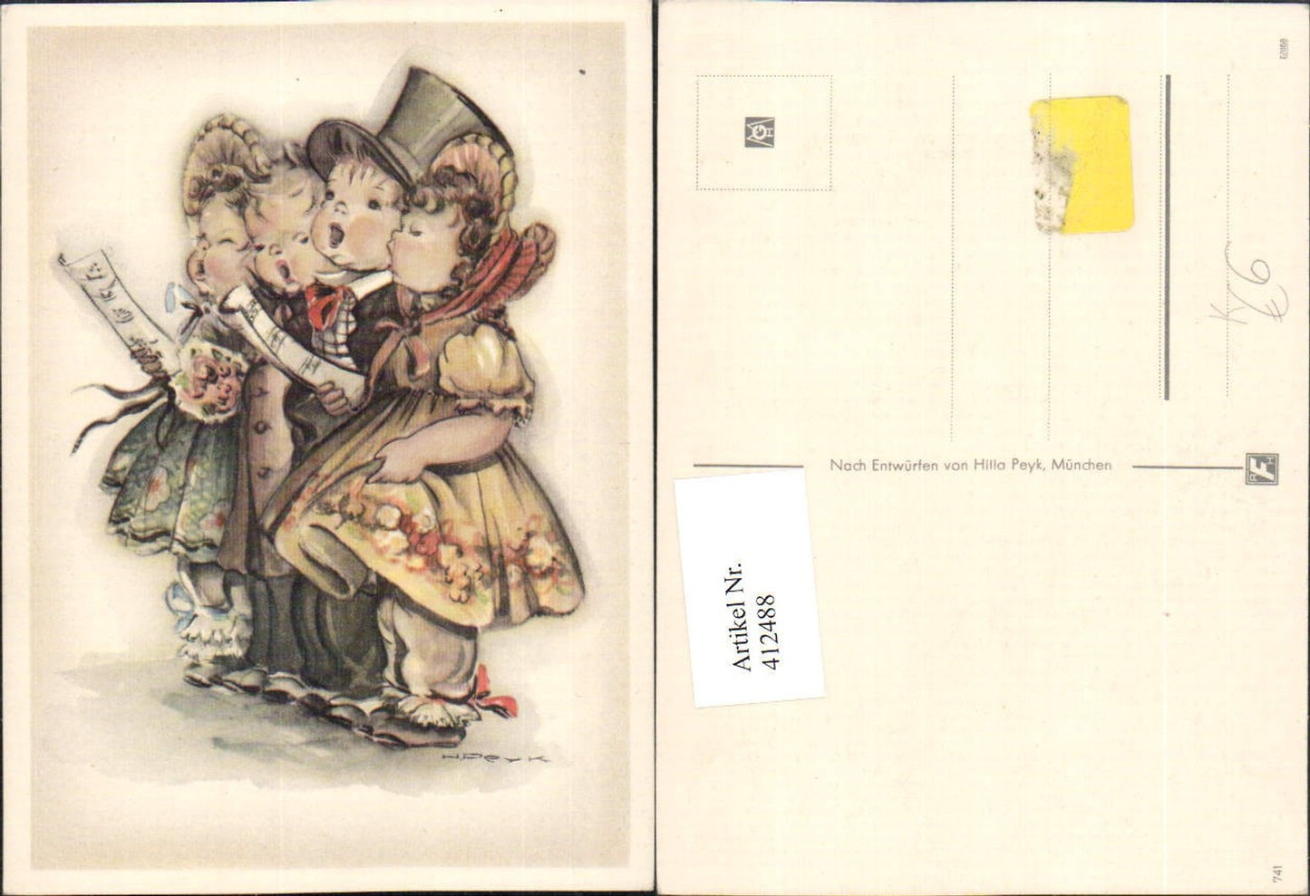 412488,Künstler AK Hilla Peyk Kinder b. Singen Kleider Zylinder