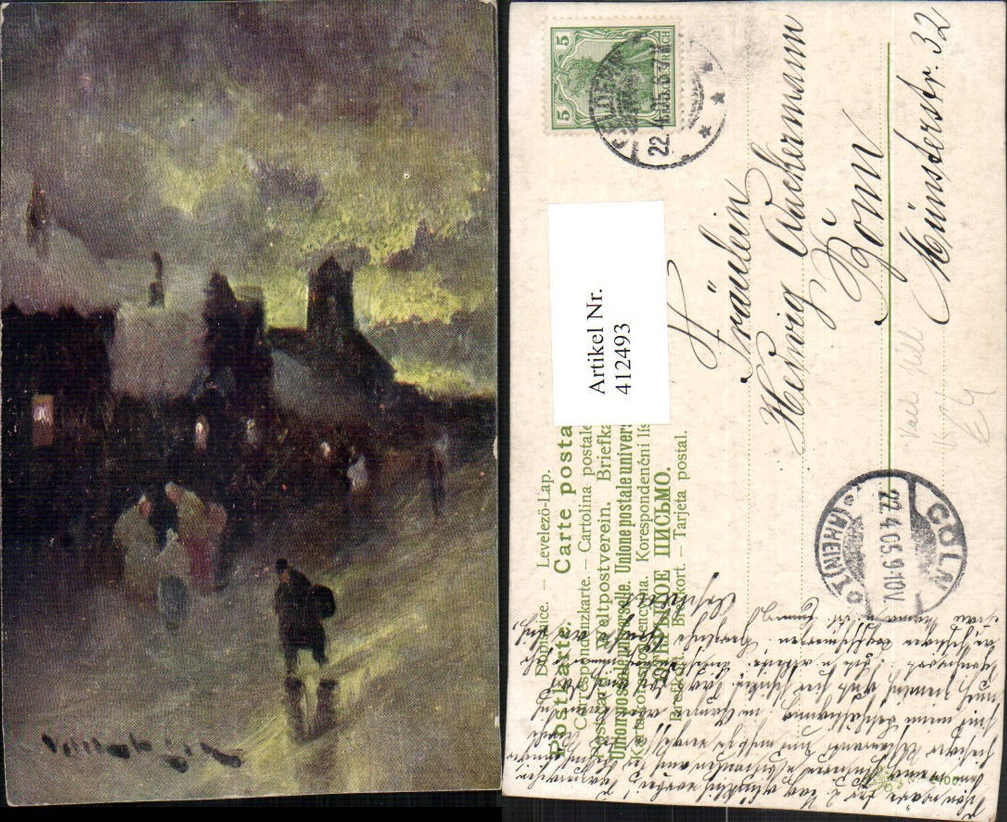 412493,Künstler AK Van Hill Dorf Häuser Winterbild