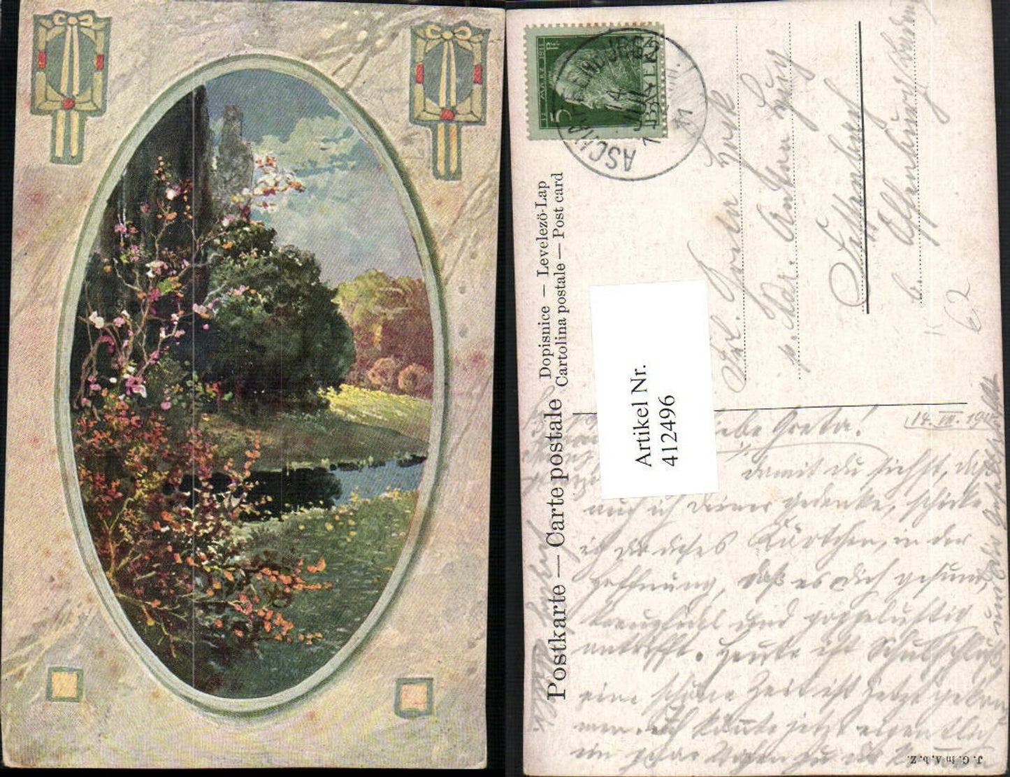 412496,Künstler AK Landschaft Sträucher Passepartout