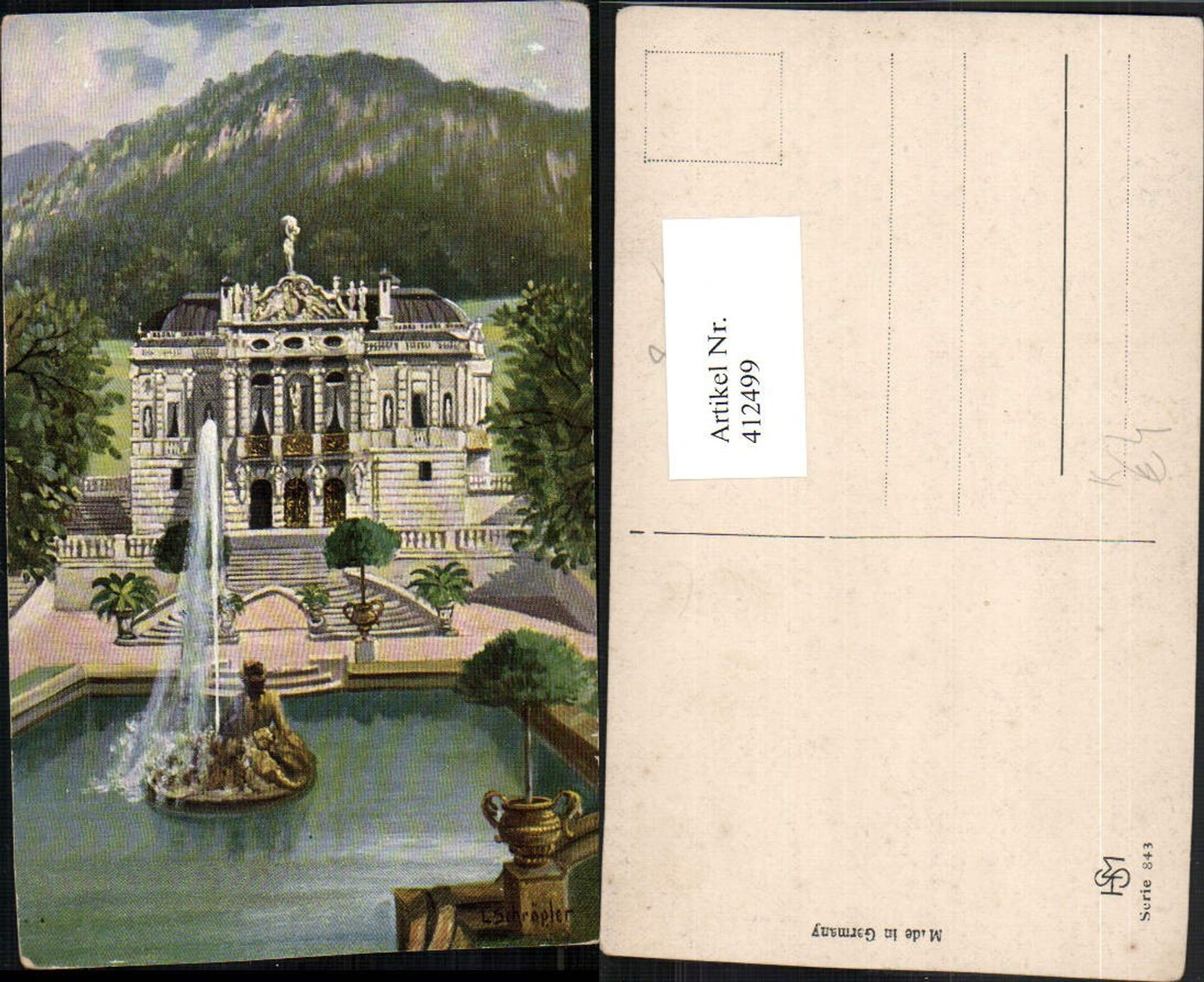 412499,Künstler AK L. Schröpler Ettal Linderhof Gebäude Fontäne