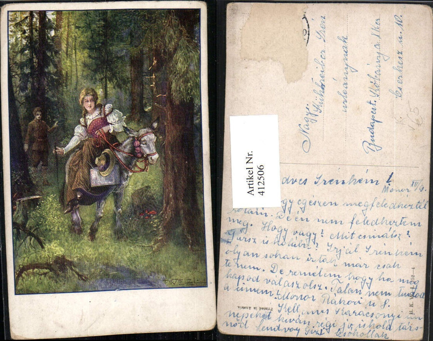 412506,Künstler AK T. Welzl Frau in Tracht Esel Wald Voyeurismus pub B.K.W.I. 252/4