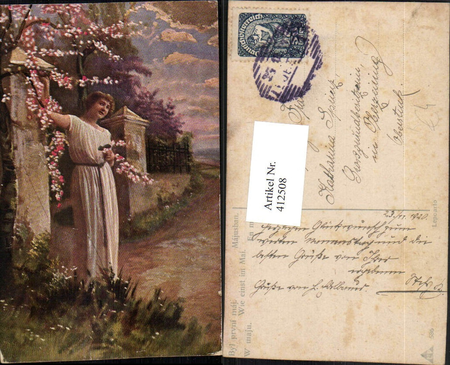 412508,Künstler AK Wie eins im Mai Frau m. Kleid Blüten