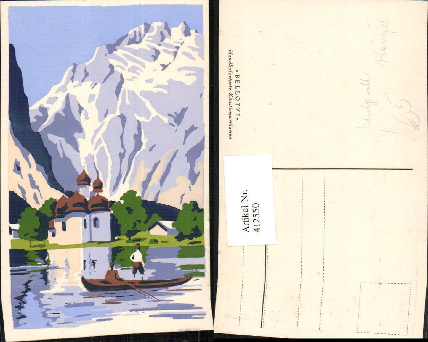 412550,Künstler AK Handgemalt Bellotyp Königssee St. Bartholomä Kirche Bergkulisse Boot