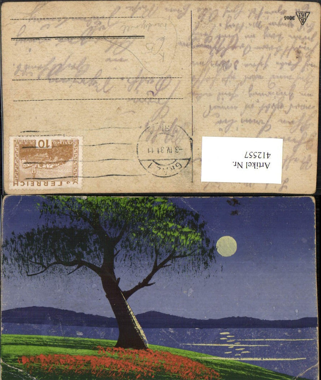 412557,Künstler AK Handgemalt Landschaft Baum See Mondschein
