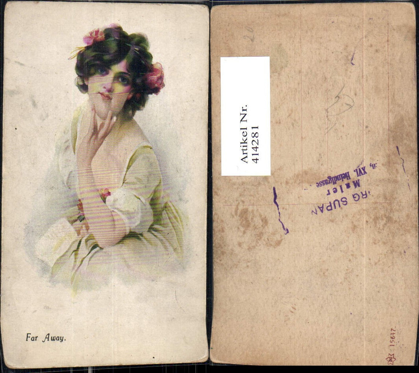414281,Künstler Ak Frau Far Away Blumen i. Haar