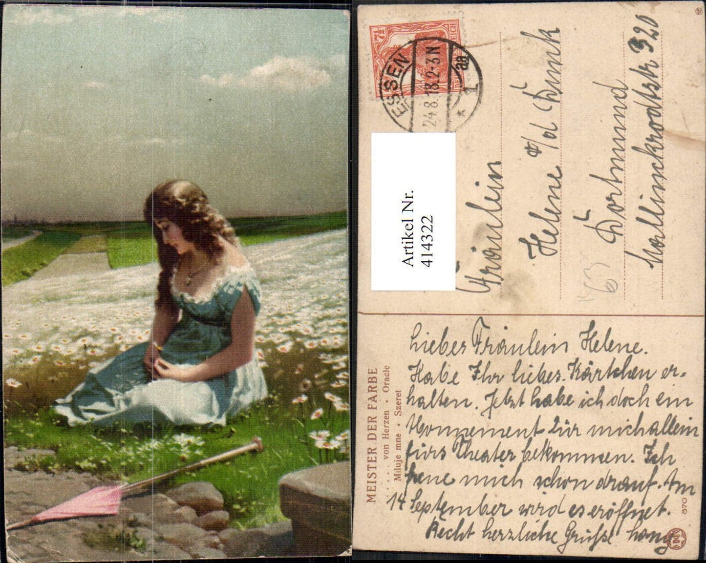 414322,Künstler Ak Von Herzen Frau sitzt a. Wiese Margeriten Schirm Portrait