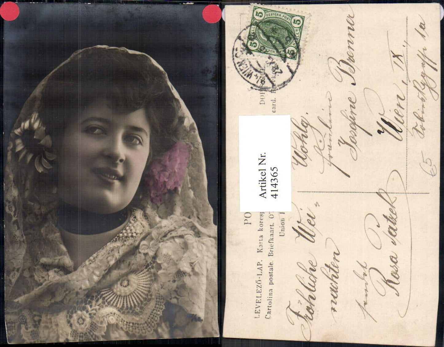 414365,Frau Spitzenschleier am Kopf Halsband Blumen Portrait