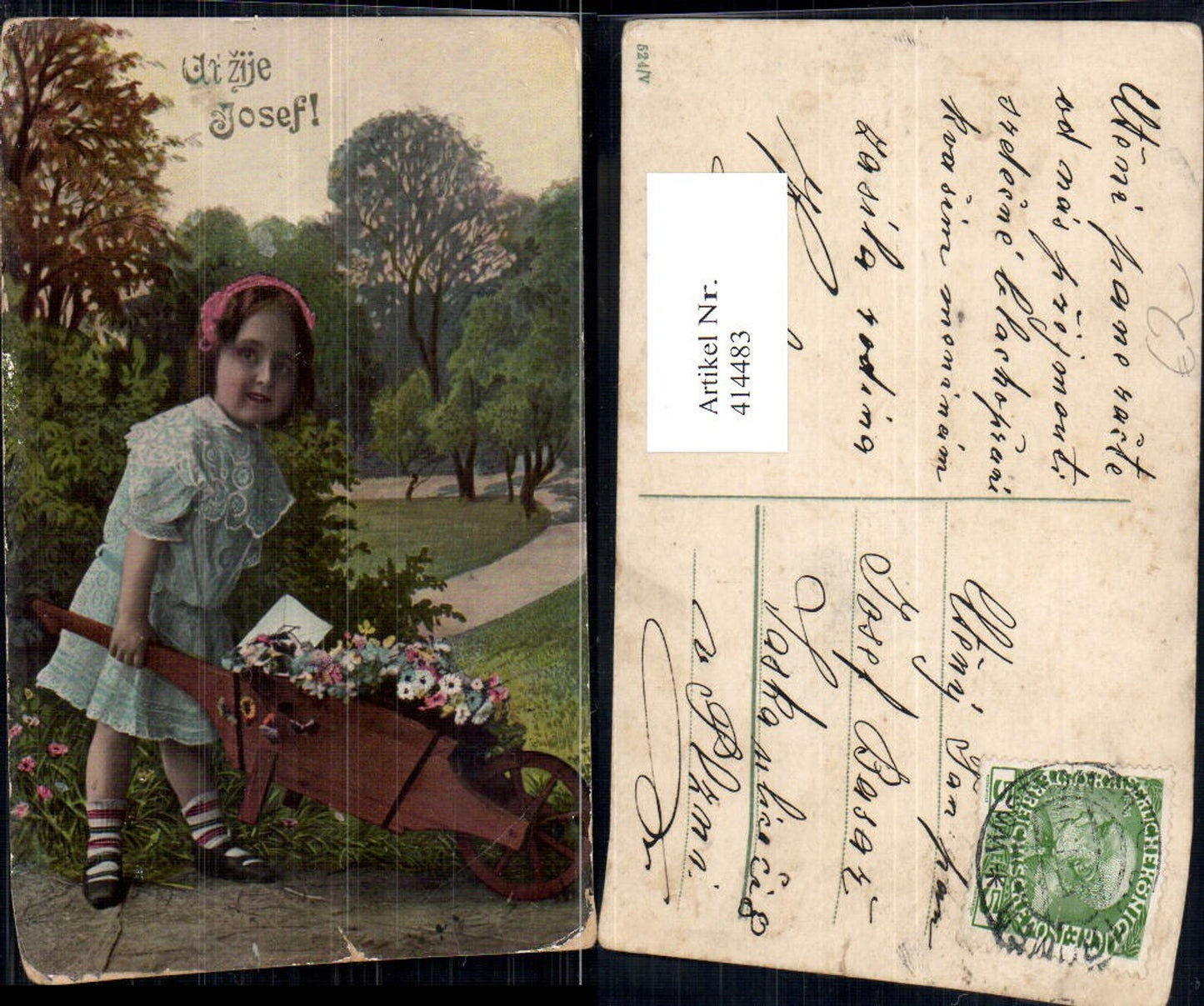 414483,Kind Mädchen Haarband Schubkarre Scheibtruhe m. Brief Kuvert Blumen