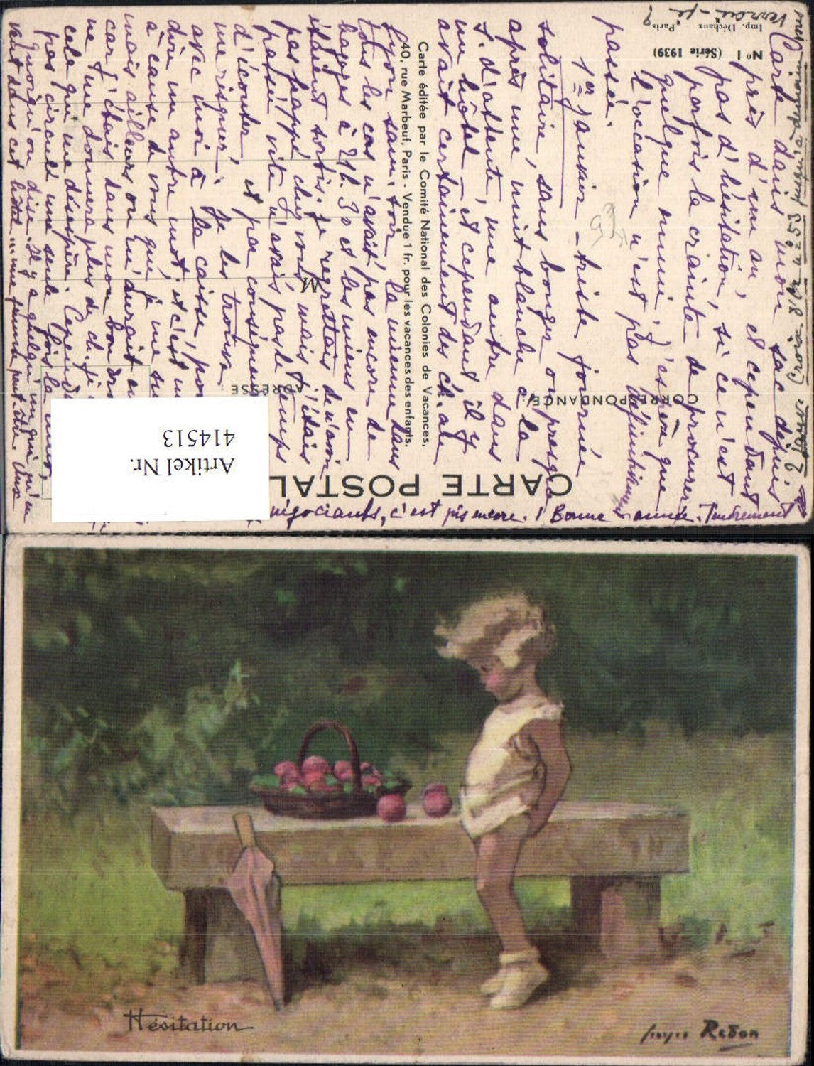 414513, Artist Ak Redon Child Apples Basket Stone Bench Bench Umbrella