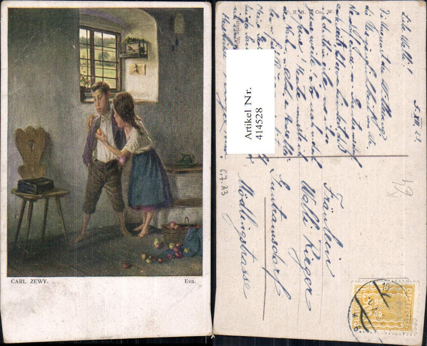 414528,Künstler Ak Carl Zewy Eva Kinder m. Apfel Stube Korb Obst