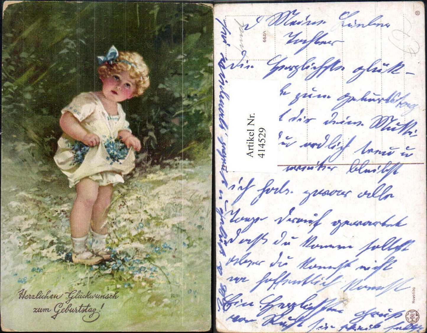 414529,Künstler Ak Kind Mädchen Haarschleife Lockenkopf Blumen i. Rock tragend Geburtstag