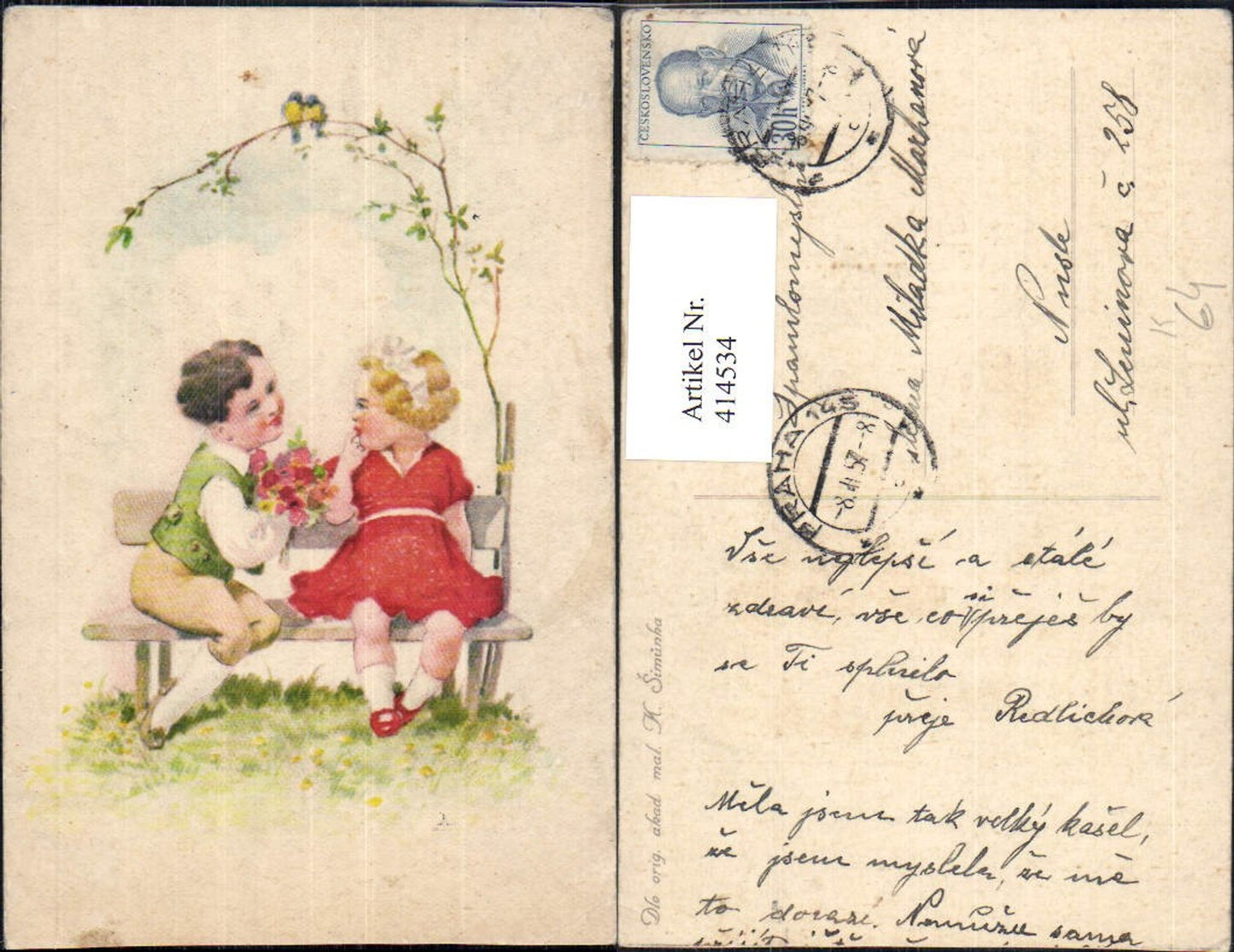 414534,Künstler Ak Kinder Paar a. Bank Blumen Blumenstrauß Vögel Zweig