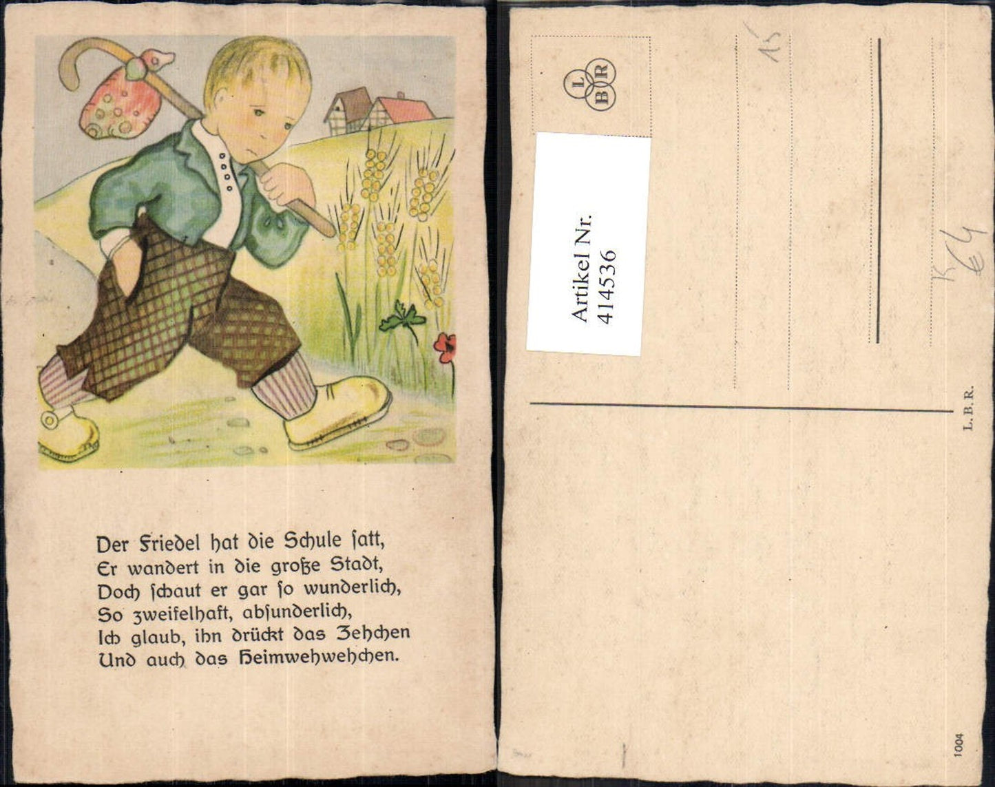 414536,Künstler Ak Kind Bub Junge Wanderstock Wandern Spruch