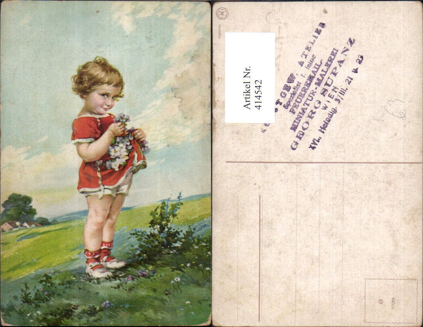 414542,Künstler Ak Kind Blondes Mädchen Lockenkopf Blumen Pflücken Landschaft