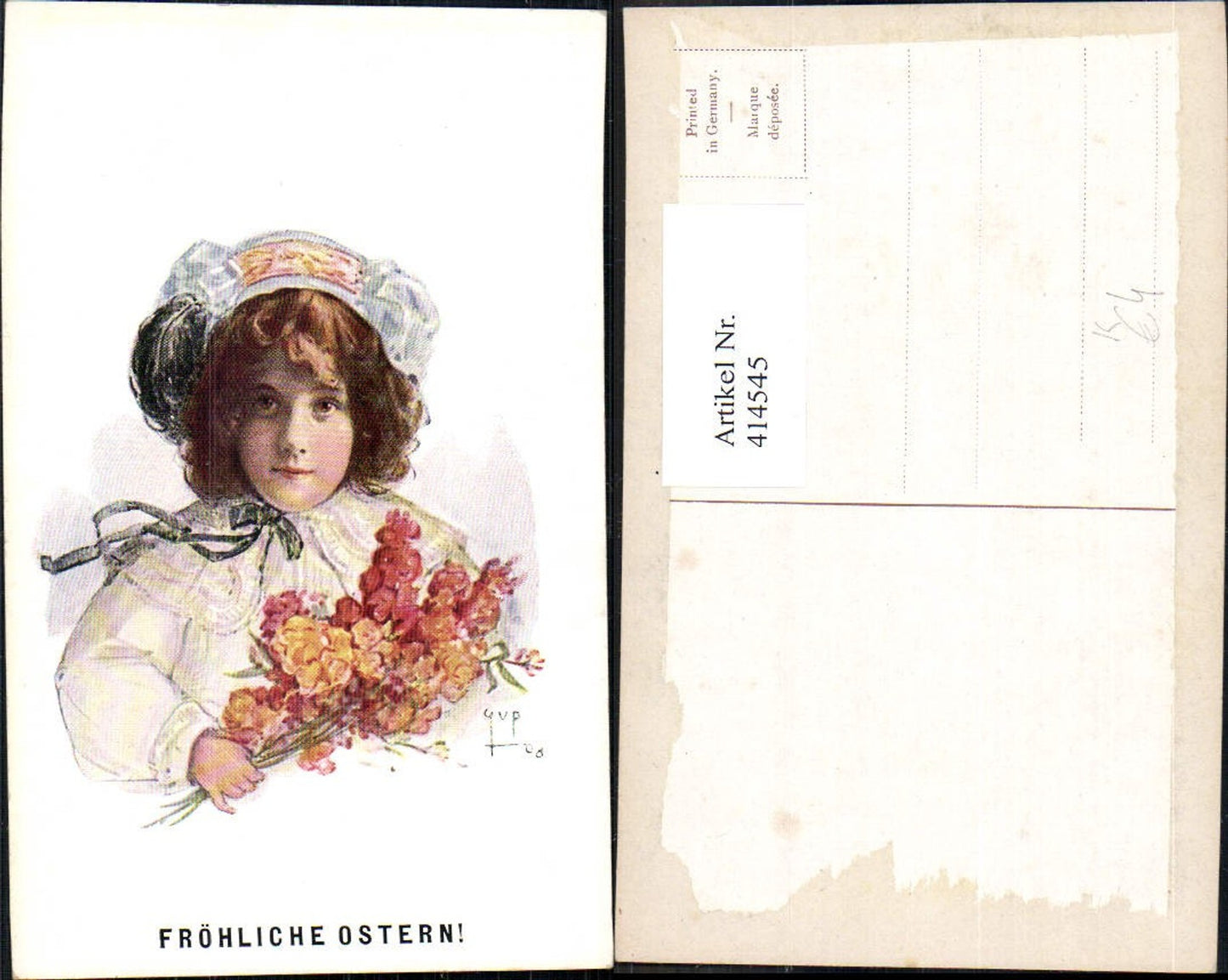 414545,Künstler Ak Gup Kind Mädchen Haube Blumenstrauß Ostern