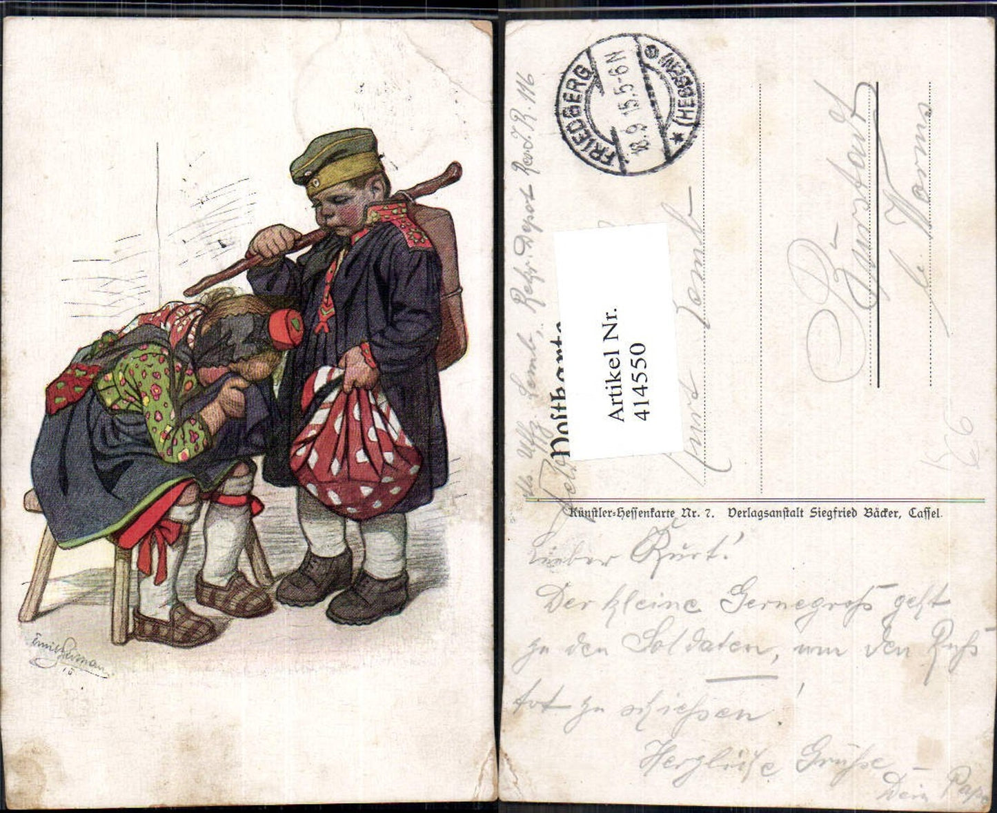 414550,Künstler Ak Kinder Kindersoldaten Rucksack Wanderstock