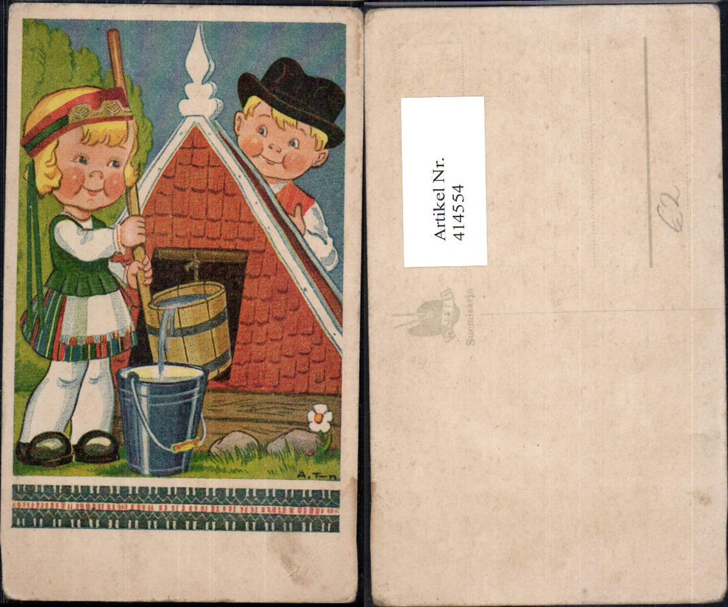 414554,Künstler Ak Kinder Tracht Brunnen Eimer Kübel