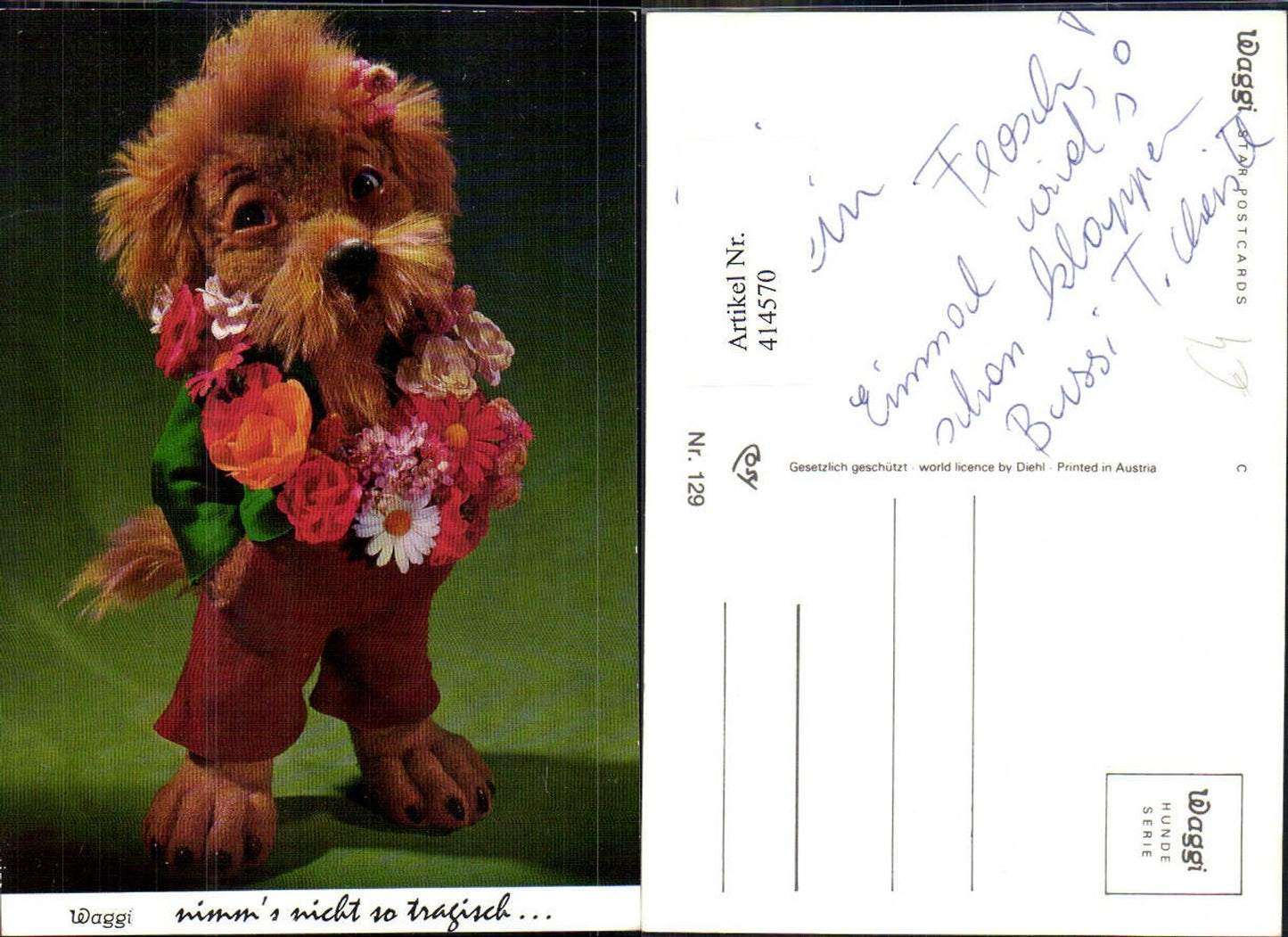 414570,Puppe Plüschhund vermenschlicht Anzug Blumenkranz Waggi