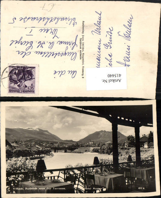 415440,Villach Hotel Mosser Ausblick von d. Terrasse Fluss Bergkulisse pub Franz Schilcher 652a