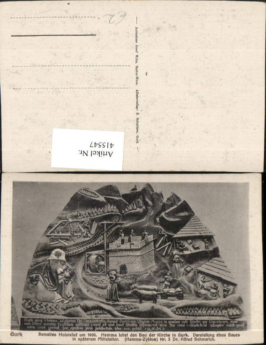 415547,Gurk Bemaltes Holzrelief Hemma leitet den Bau der Kirche