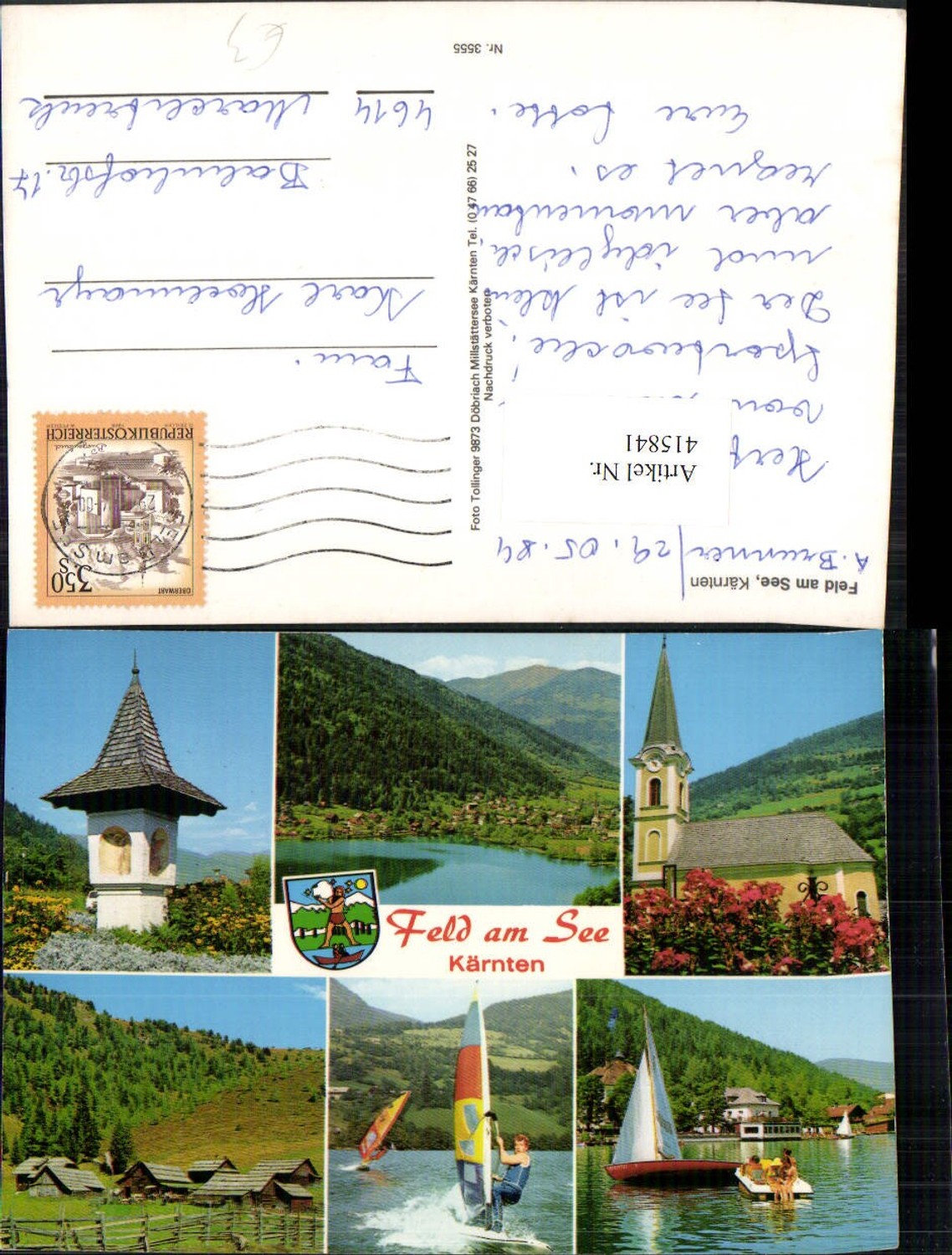 415841,Feld am See Totale Kirche Bildstock Segelboote Mehrbildkarte