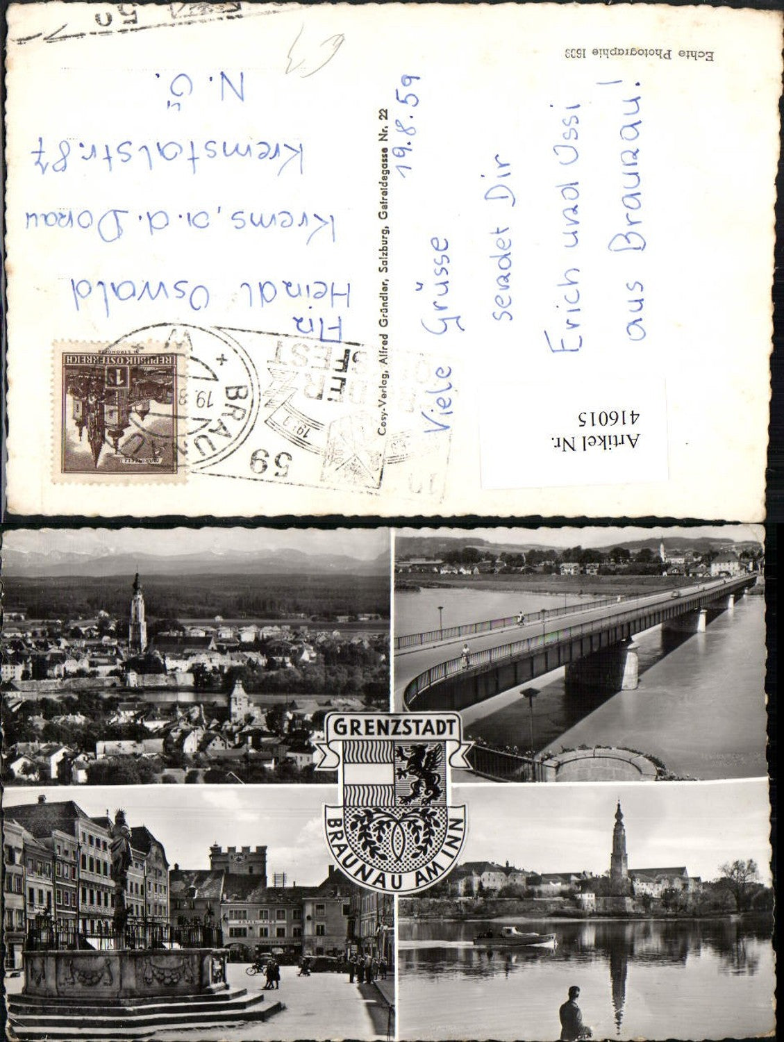 416015,Braunau am Inn Totale Brunnen Statue Brücke Mehrbildkarte
