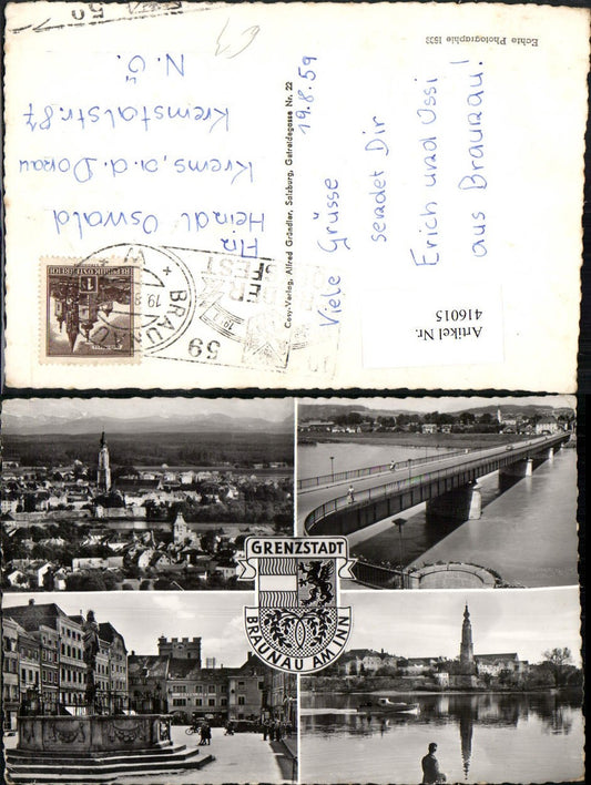 416015,Braunau am Inn Totale Brunnen Statue Brücke Mehrbildkarte