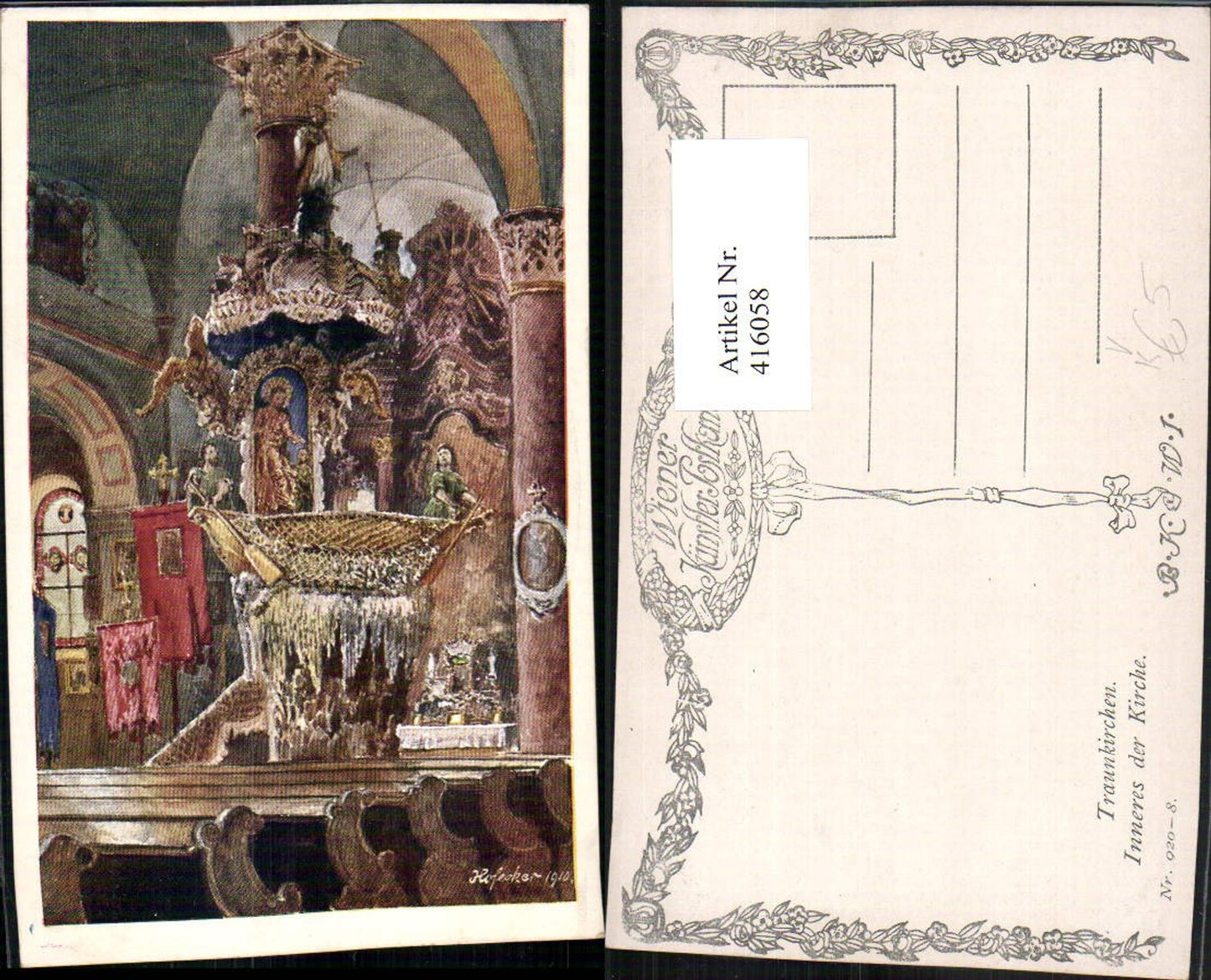 416058,Künstler AK Hofecker Traunkirchen Kirche Innenansicht Kanzel pub B.K.W.I. 920/8