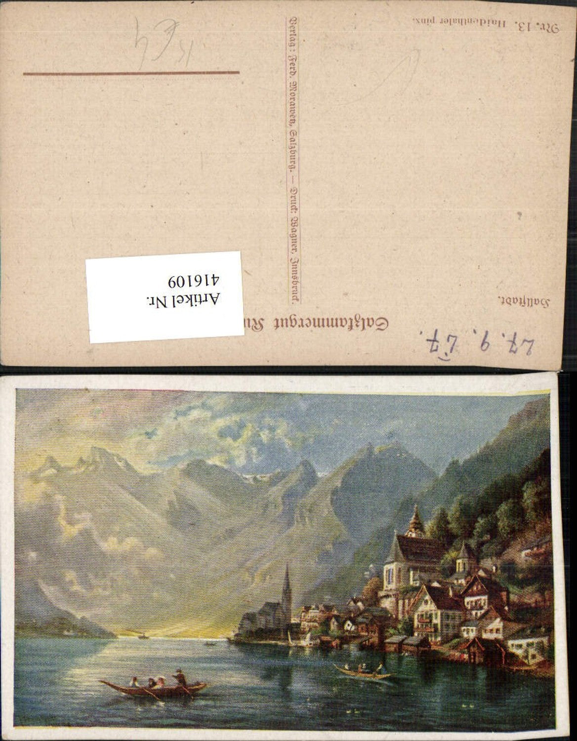 416109,Künstler AK Haidenthaler Hallstatt Teilansicht Bergkulisse