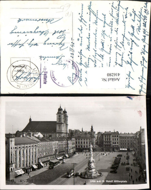 416280,Linz an d. Donau Hauptplatz Dreifaltigkeitssäule Kirche Feldpost Flak-Ersatz-Abteilung 38