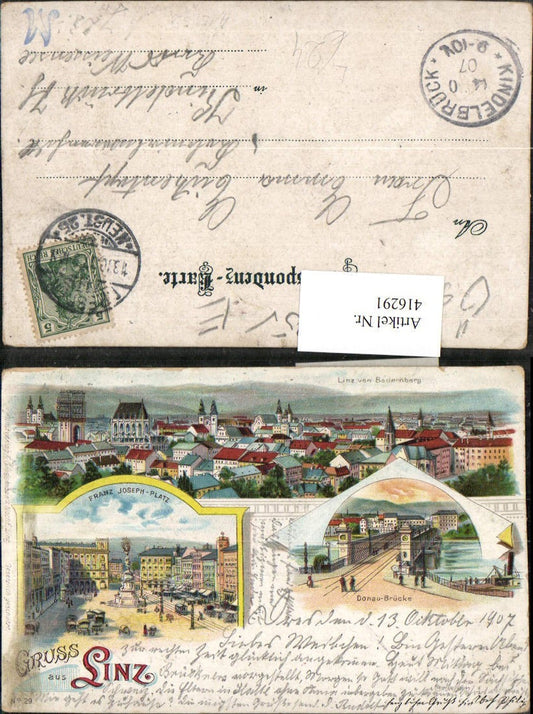 416291,Litho Gruß aus Linz an d. Donau Totale Hauptplatz Brücke Mehrbildkarte