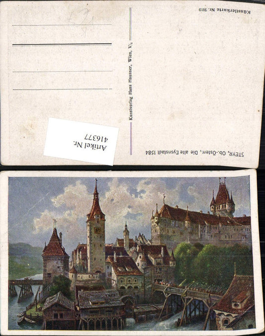 416377,Künstler AK Steyr an d. Enns Teilansicht Schloss pub Hans Hausner 7019