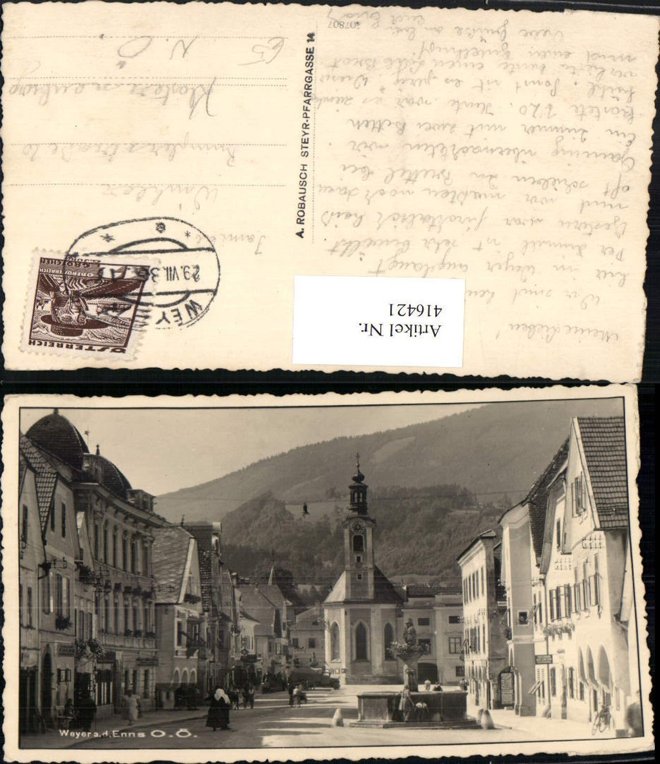 416421,Weyer an d. Enns Marktplatz Straßenansicht Brunnen Kirche